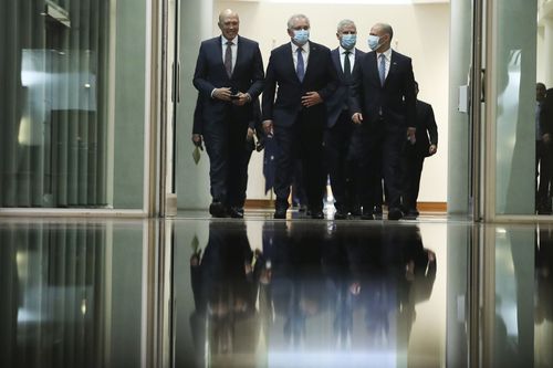 Minister for Home Affairs Peter Dutton, Prime Minister Scott Morrison, Deputy Prime Minister Michael McCormack and Treasurer Josh Frydenberg depart the House of Representatives after the Treasurer handed down the Budget. Picture: Alex Ellinghausen