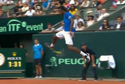 <b>Enigmatic French tennis star Gael Monfils has hit the best between-the-legs or 'tweener shot we've ever seen, in any sport, anywhere. </b><br/><br/>The Frenchman was in action during a Davis Cup tie when a return from his Czech opponent forced him to improvise with an incredibly athletic jumping between-the-legs shot. <br/><br/>Not only did Monfils connect with the running effort, he hit it with so much power that Lucas Rosol could only hit his return into the net. <br/><br/>Click through and decide for yourself whether it's sport's greatest 'tweener shot ever.<br/>