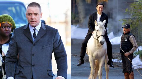 Russell (left) and Colin Farrell (right) on location at Red Hook in Brooklyn.