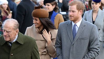 Prince Philip, Prince Harry and Meghan Markle leave Christmas Day service.