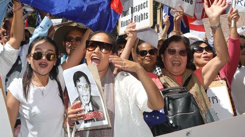 Meanwhile, protesters rallied against the Cambodian Prime Minister Hun Sen and human rights abuses within the ASEAN countries in Sydney. (AAP)