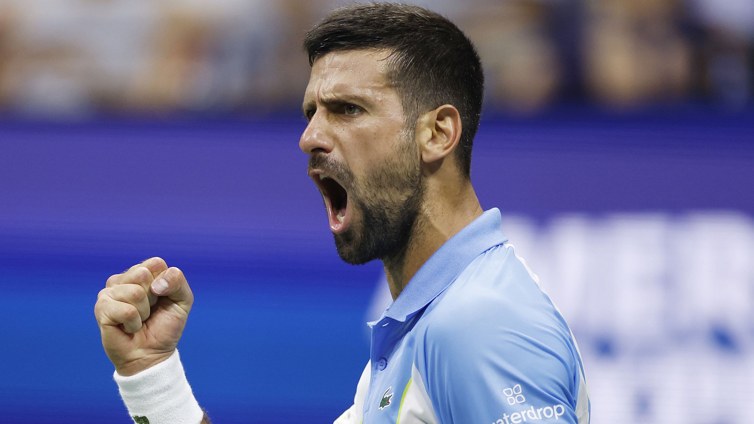 NEW YORK, NEW YORK - SEPTEMBER 08: Novak Djokovic of Serbia celebrates winning the first set against Ben Shelton of the United States during their Men&#x27;s Singles Semifinal match on Day Twelve of the 2023 US Open at the USTA Billie Jean King National Tennis Center on September 08, 2023 in the Flushing neighborhood of the Queens borough of New York City. (Photo by Sarah Stier/Getty Images)