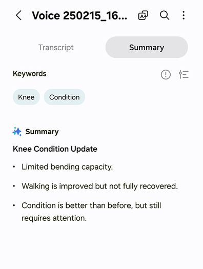 9PR: Screenshot of Samsung Galaxy S25 auto transcribing capability