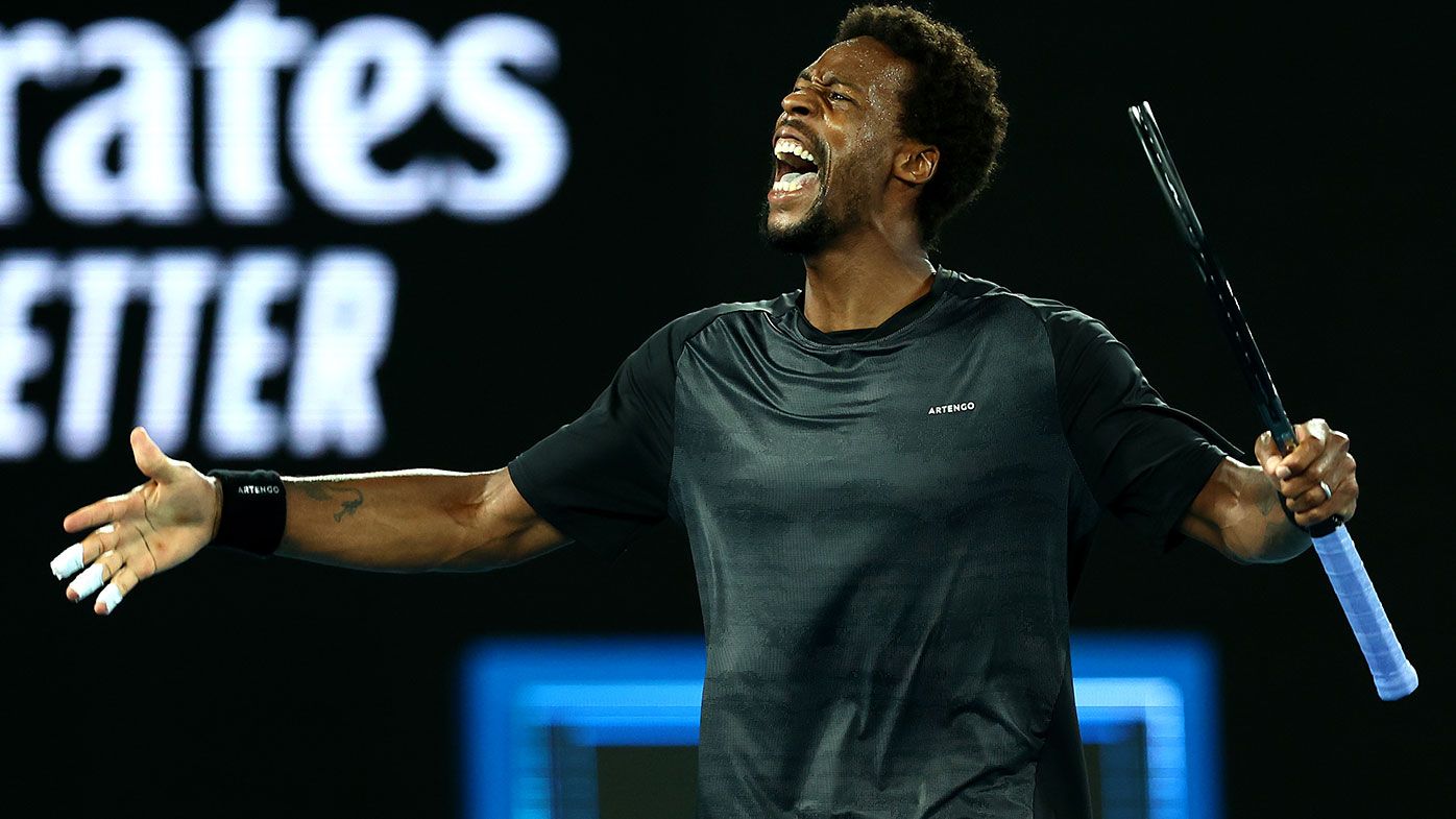 Gael Monfils of France celebrates in his Men&#x27;s Singles Quarterfinals match against Matteo Berrettini of Italy during day nine of the 2022 Australian Open