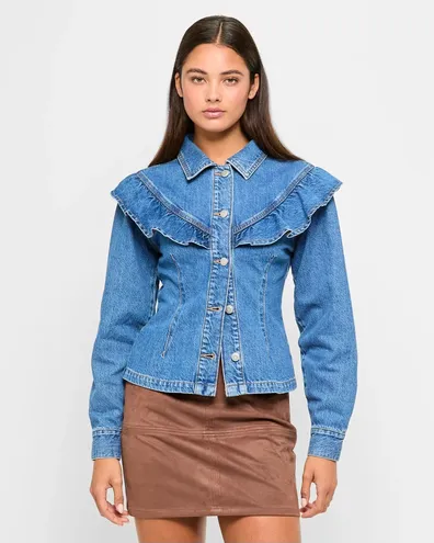 Denim Flounce Jacket - Lily Loves $50 | $50 Target jacket dupe saving shoppers $1000 on brand name jacket