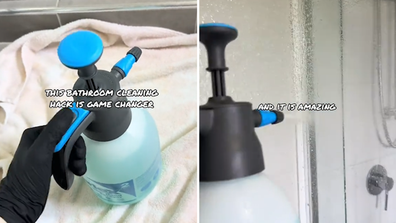 Cleaner Hannah shows how she uses Bunnings garden sprayer to clean the shower