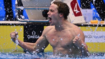 FUKUOKA, JAPAN - JULY 23: Sam Short of Team Australia reacts after winning gold in the Men&#x27;s 400m Freestyle Final on day one of the Fukuoka 2023 World Aquatics Championships at Marine Messe Fukuoka Hall A on July 23, 2023 in Fukuoka, Japan. (Photo by Quinn Rooney/Getty Images)