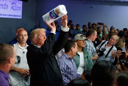 President Trump does his bit for hurricane-hit Puerto Ricans by handing out paper towels.