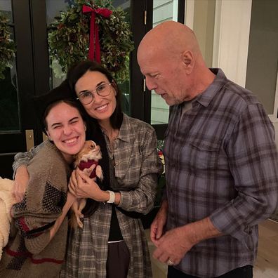 Tallulah Willis and her parents Demi Moore and Bruce Willis and Demi's dog, Pilaf.