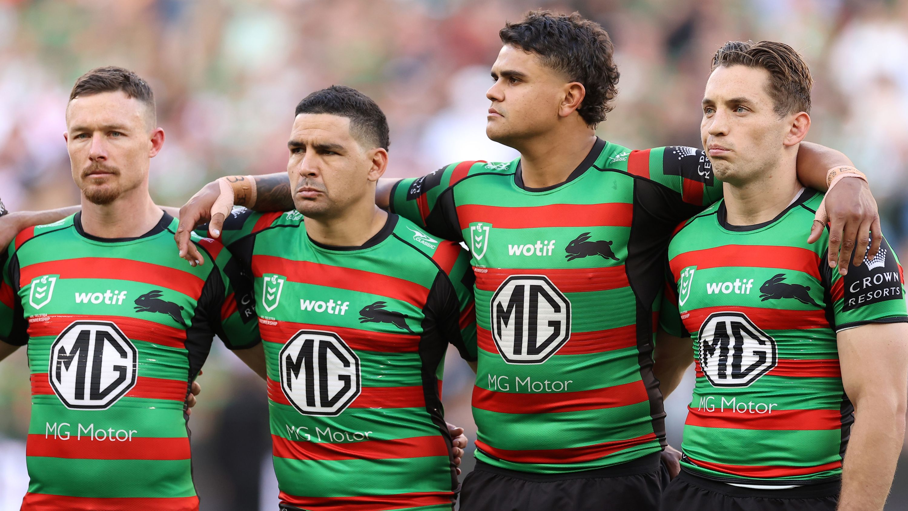Damien Cook, Cody Walker, Latrell Mitchell and Cameron Murray of the Rabbitohs.