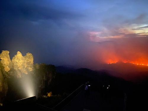 The Three Sisters were shrouded in smoke yesterday afternoon.