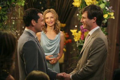<div align="left"><B>When:</b> 2008<br/><br/>And we have the list's first gay wedding and the second to feature a co-star officiating the ceremony, with Kitty (Calista Flockhart) doing the honours for no other reason but to save the producers from having to pay an extra.</div>