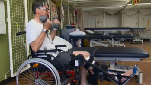 Mr Kaighin continues to use a wheelchair in rehabilitation. (9NEWS)