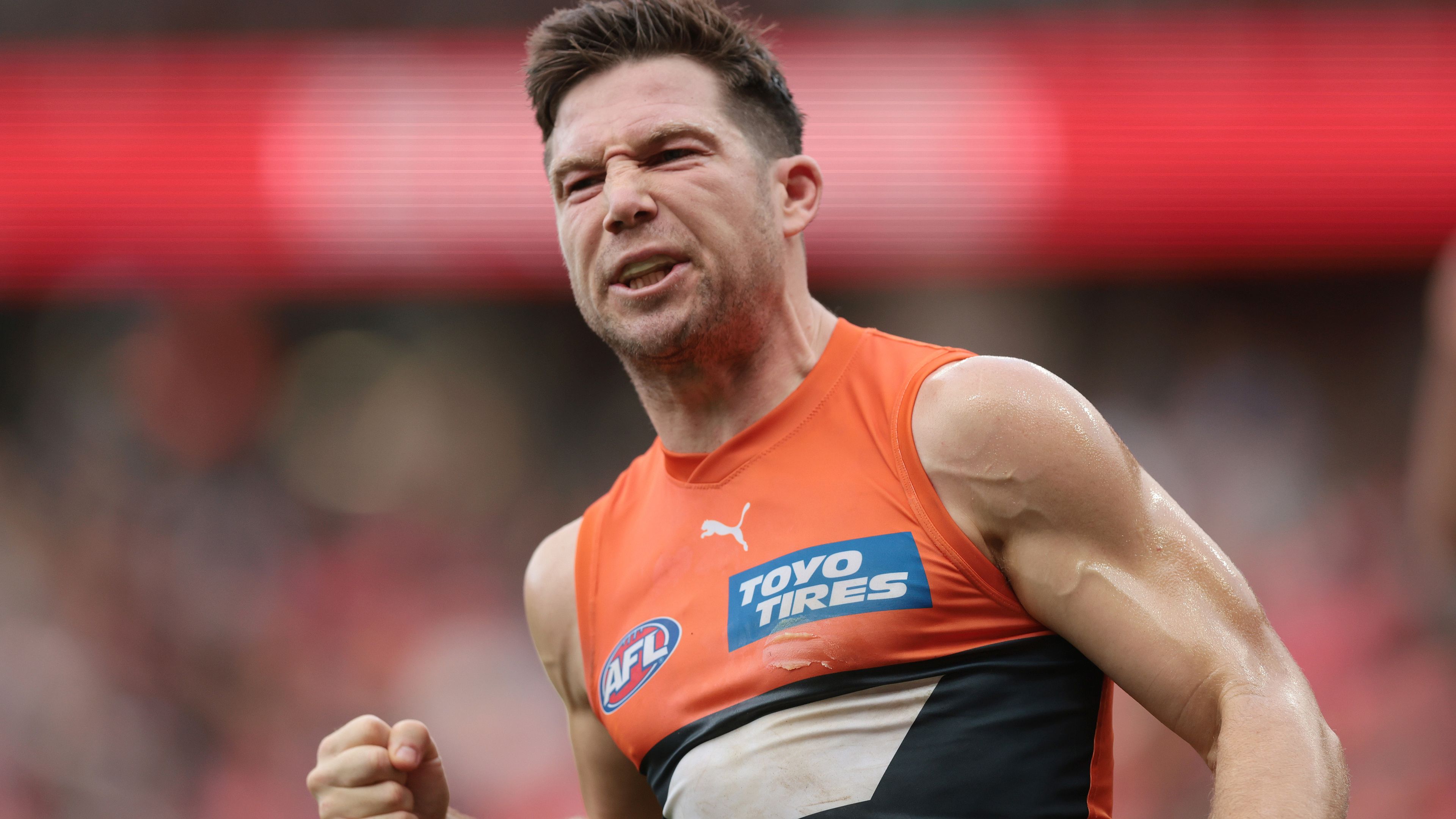SYDNEY, AUSTRALIA - JUNE 04:  Toby Greene of the Giants celebrates kicking a goal during the round 12 AFL match between Greater Western Sydney Giants and Richmond Tigers at GIANTS Stadium, on June 04, 2023, in Sydney, Australia. (Photo by Mark Metcalfe/AFL Photos/via Getty Images )