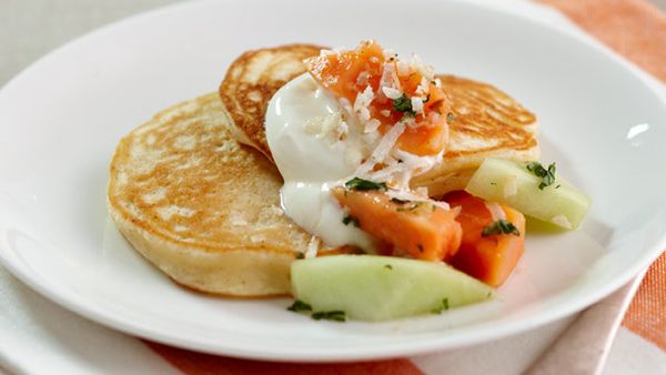 Coconut ricotta pikelets with tropical fruit salsa