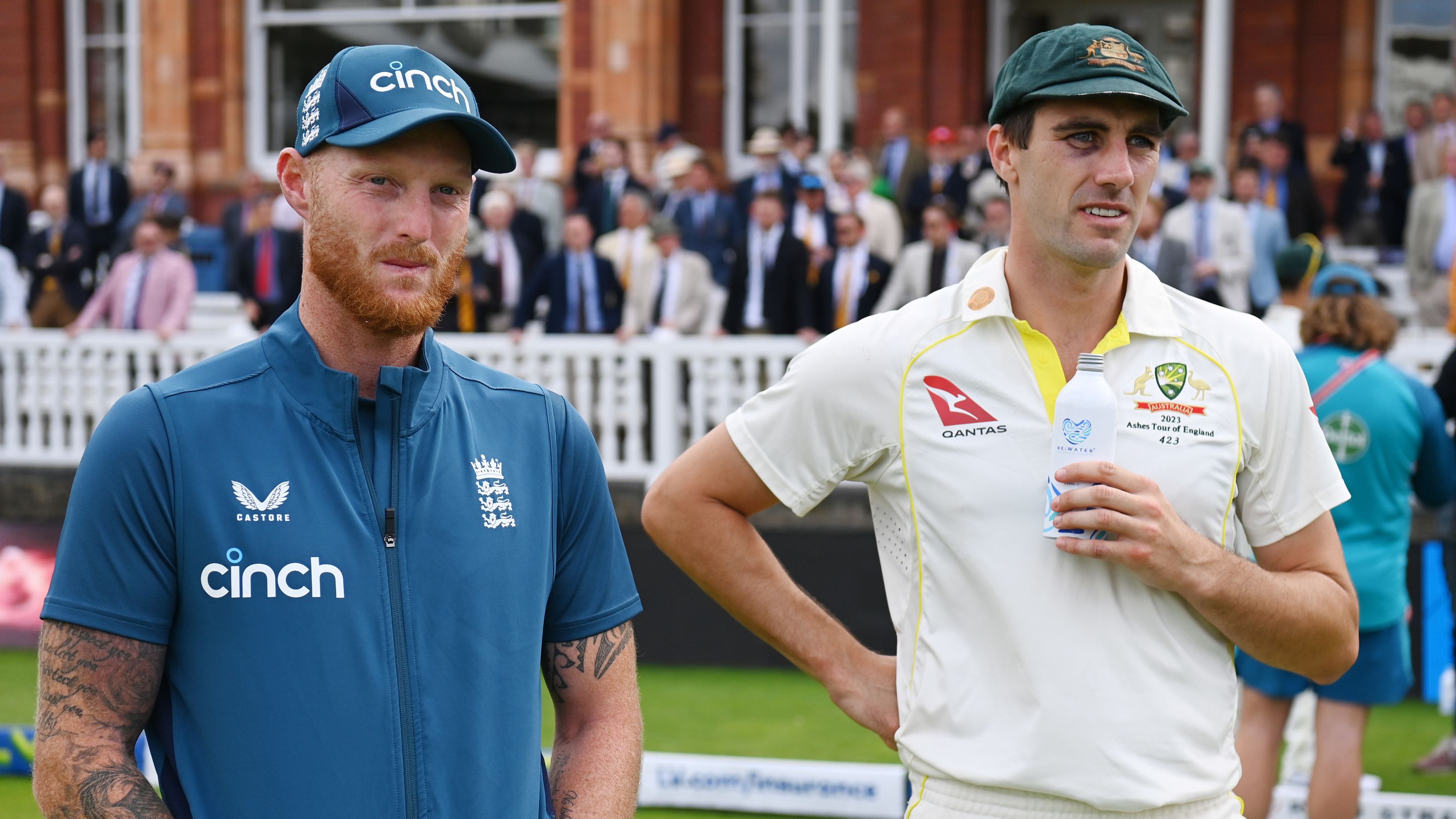 LONDON, ENGLAND - JULY 02: L-R: England captain, Ben Stokes of England and Australian captain, Pat Cummins of Australia waits for the post match presentation after Day Five of the LV= Insurance Ashes 2nd Test match between England and Australia at Lord&#x27;s Cricket Ground on July 02, 2023 in London, England. (Photo by Gareth Copley/Getty Images)