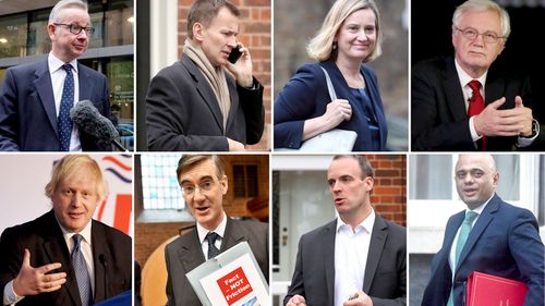 File photos of possible contenders for British prime minister if Theresa May loses a vote of confidence (clockwise from top left) Michael Gove, Jeremy Hunt, Amber Rudd, David Davis, Sajid Javid, Dominic Raab, Jacob Rees-Mogg, and Boris Johnson.