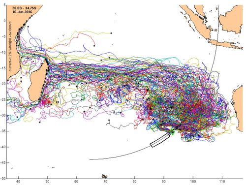 CSIRO mapping showing drift trajectories of objects in the Indian Ocean. (CSIRO)
