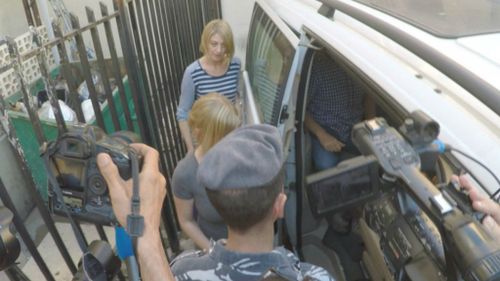 Tara Brown and Sally Faulkner leave prison in Beirut. (9NEWS/@TomSteinfort)