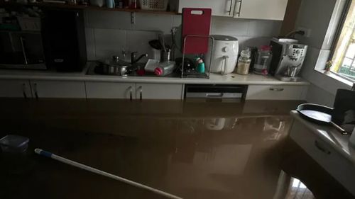 Nyasa Fulford is raising money after being hit by floods in Caravonica QLD- with a photo showing the depth of water in the home's kitchen.