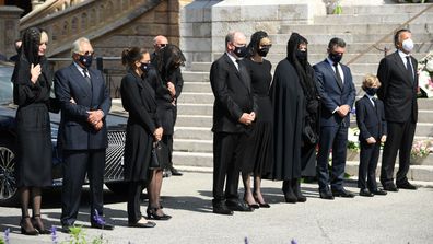 (2L-R) Lionel Noghes, Princess Stephanie of Monaco, Princess Caroline of Hanover, Prince Albert II of Monaco, Princess Charlene of Monaco, Melanie Antoinette de Massy, Jean-Leonard Taubert de Massy and Christian de Massy arrive at the Monaco Cathedral for Elizabeth-Ann De Massy's Funerals on June 17, 2020 in Monaco, Monaco