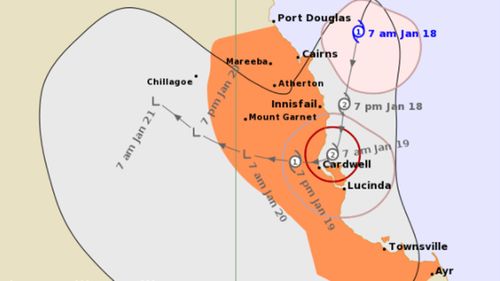Tropical Cyclone Kimi continues its path to the south, as it was recorded on Monday morning.  It is forecast to reach Category 2 later tonight and may cross the coast late today or early Tuesday between Innisfail and Lucinda.