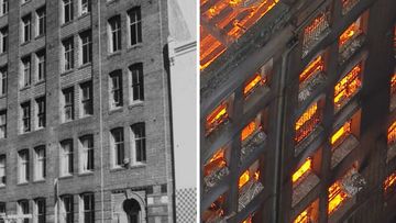 The HC Henderson hat factory in 1978, and during the huge fire in 2023.