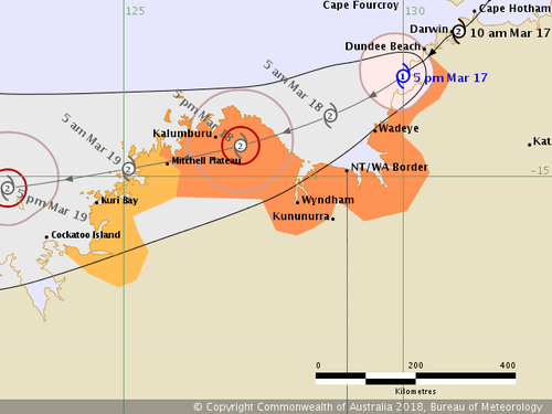 Cyclone Marcus was downgraded to Category 1 south of Dundee Beach. (Bureau of Meteorology)