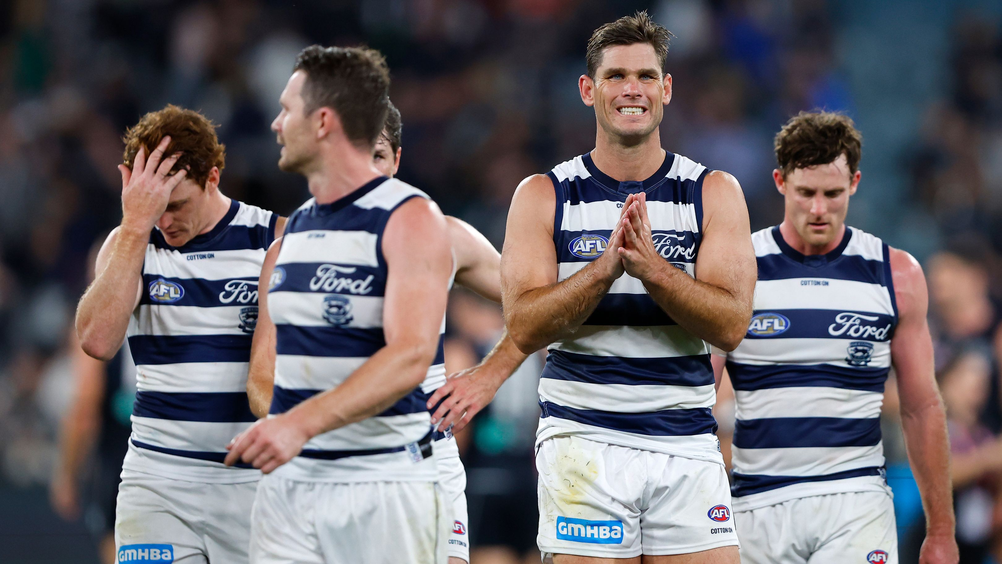 MELBOURNE, AUSTRALIA - MARCH 23: Tom Hawkins of the Cats looks dejected after a loss during the 2023 AFL Round 02 match between the Carlton Blues and the Geelong Cats at the Melbourne Cricket Ground on March 23, 2023 in Melbourne, Australia. (Photo by Dylan Burns/AFL Photos)