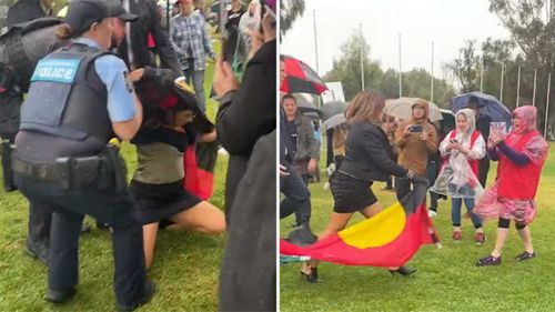 Lidia Thorpe was pulled to the ground after interrupting an anti-transgender rally.