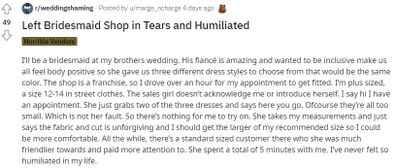 The bridesmaid has described the painful experience on Reddit.