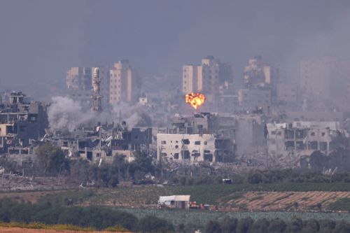 Smoke rises from an explosion in Gaza on October 28, 2023 in Sderot, Israel.  