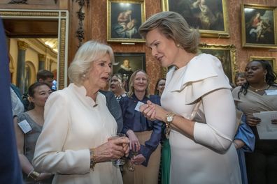 Camilla, The Queen Consort and Queen Mathilde of Belgium attend a reception to raise awareness of violence against women and girls as part of the UN 16 days of Activism against Gender-Based Violence, in Buckingham Palace, in London, Tuesday Nov. 29, 2022 