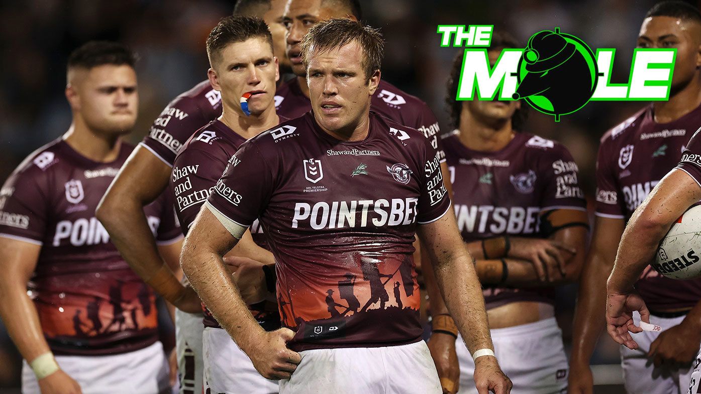 Manly star Jake Trbojevic pictured with teammates during the win over the Wests Tigers