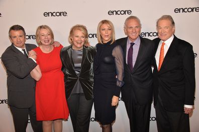 From left to right: Grant Shaud, Diane English, Candice Bergen, Faith Ford, Joe Regalbuto and Charles Kimbrough attend the Murphy Brown: A 25th anniversary event at Museum of Modern Art on December 11, 2013 in New York City.
