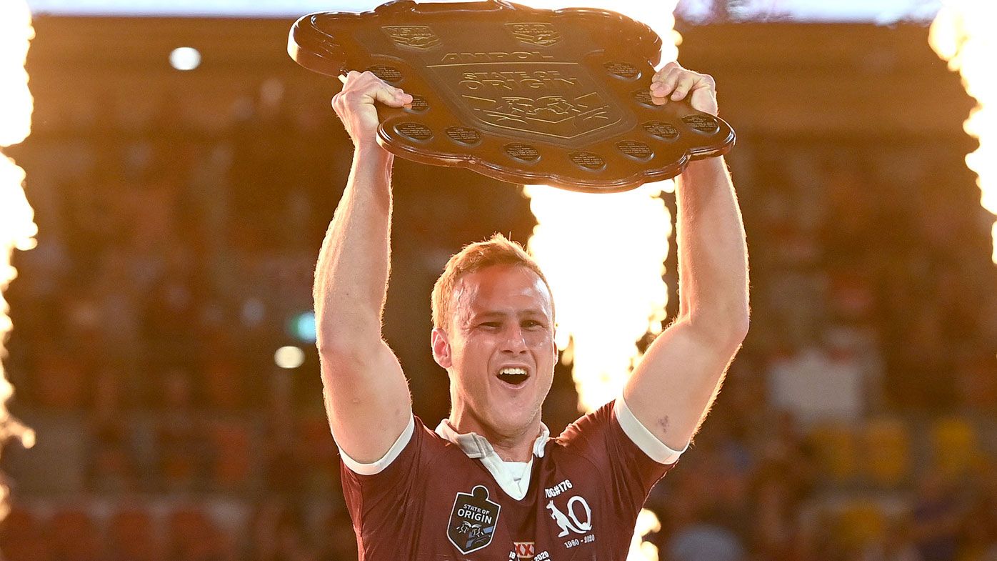 Daly Cherry-Evans hoists the Origin shield after claiming the 2020 series.