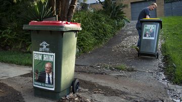 Peter Rickwood has anti Scott Morrison / Barnaby Joyce stickers on his bins. The Philip Ruddock-led Hornsby Council has sent him a letter threatening not to collect his rubbish if the stickers aren&#x27;t removed. 22nd March 2022, Photo: Wolter Peeters, The Sydney Morning Herald.