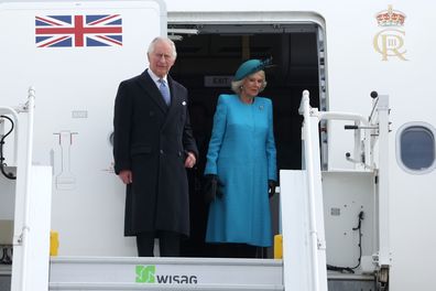 King Charles III and Camilla - Queen Consort arrive at BER Berlin Brandenburg Airport to start their first state visit to Germany on March 29, 2023 in Schoenefeld, Germany. The King and The Queen Consort's first state visit to Germany is taking place in Berlin, Brandenburg and Hamburg from Wednesday, March 29th, to Friday, March 31st, 2023.