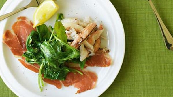 Crab on prosciutto with wilted rocket