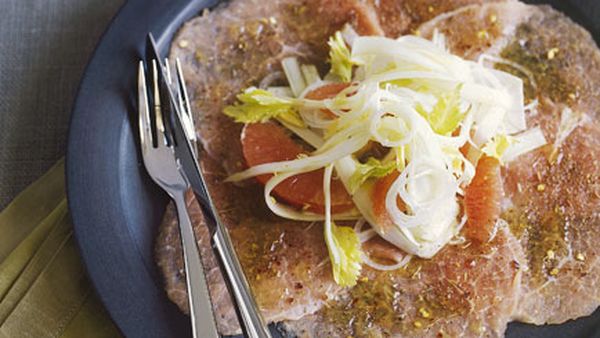 Veal carpaccio with ruby grapefruit and celery salad