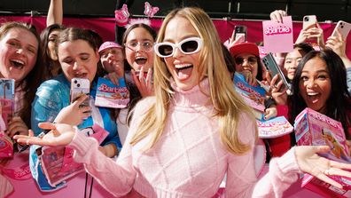 Greta Gerwig, Margot Robbie, Issa Rae and America Ferrera attend the Barbie Press Tour, Sydney Australia.  2023. Photography by Caroline McCredie for Warner Bros/NBC Universal. Contact: jade.perry@nbcuni.com