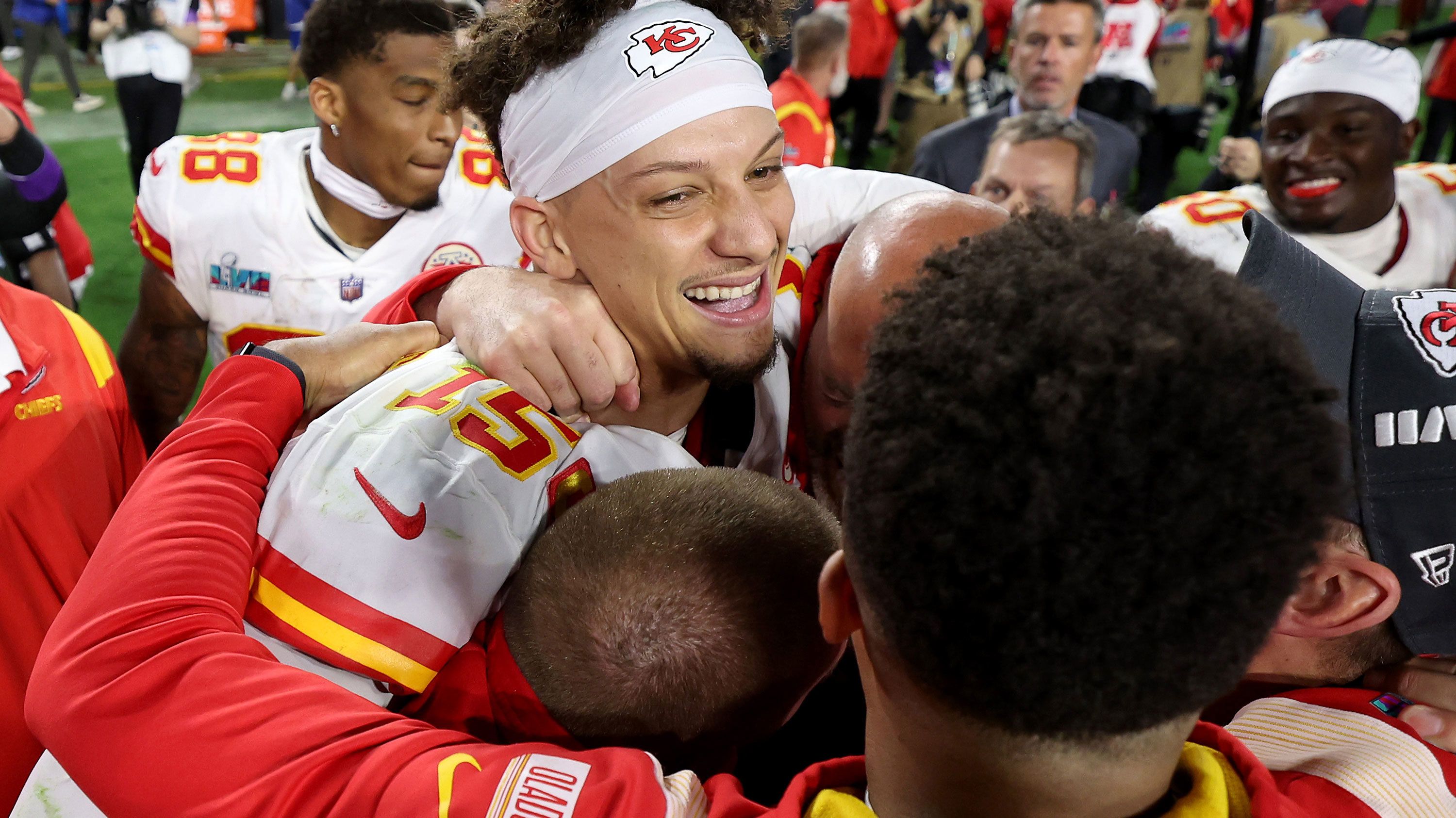 Patrick Mahomes #15 of the Kansas City Chiefs celebrates after defeating the Philadelphia Eagles 38-35 in Super Bowl LVII at State Farm Stadium on February 12, 2023 in Glendale, Arizona. (Photo by Gregory Shamus/Getty Images)