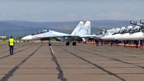 A Russian MIG fighter jet readies for take off as part of the air component of Vostok 2018.