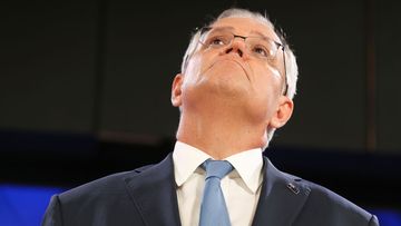 Prime Minister Scott Morrison looks to the sky during his address to the National Press Club
