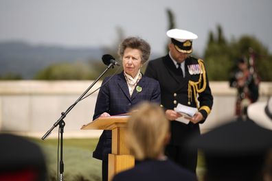Britain's Princess Anne speeches during a ceremony in recognition of the fallen during the Gallipoli campaign at the Cape Helles British memorial site, in the Gallipoli peninsula, near Canakkale, Turkey, Thursday, April 24, 2025. (AP Photo/Emrah Gurel)