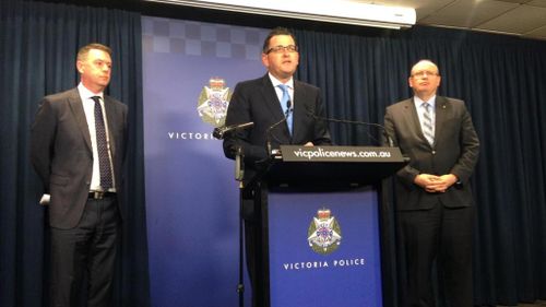 Victorian Police Minister Wade Noonan, Premier Daniel Andrews and new Chief Commissioner Graham Ashton. (Andrew Lund, 9NEWS)