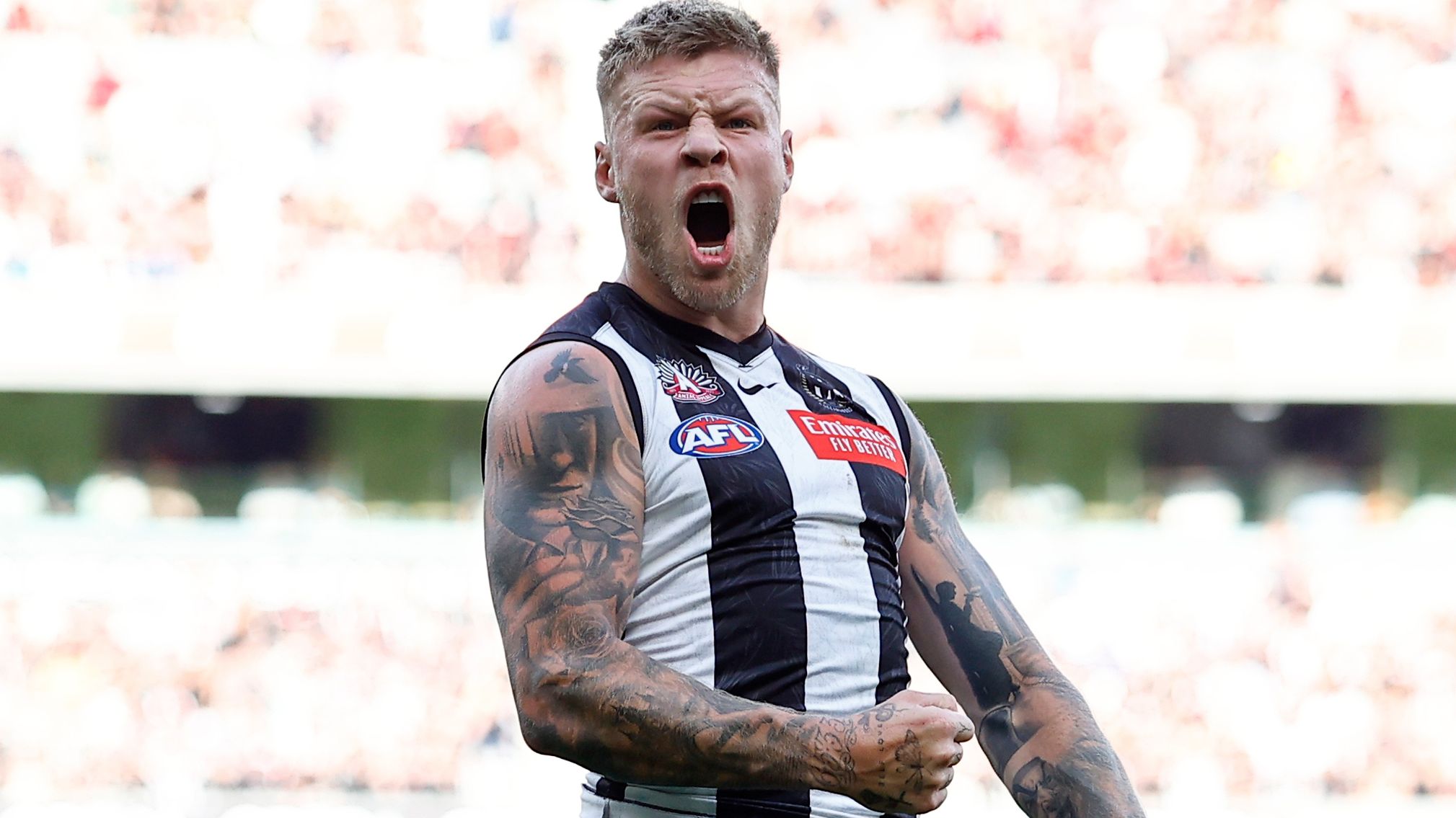MELBOURNE, AUSTRALIA - APRIL 25: Jordan De Goey of the Magpies celebrates a goal during the 2023 AFL Round 06 match between the Collingwood Magpies and the Essendon Bombers at the Melbourne Cricket Ground on April 25, 2023 in Melbourne, Australia. (Photo by Dylan Burns/AFL Photos)
