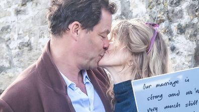 Dominic West and wife Catherine FitzGerald make a statement to press outside their Cotswolds home after Dominic was seen kissing actress Lily James whilst in Rome on October 13, 2020 in Cotswolds, England. 