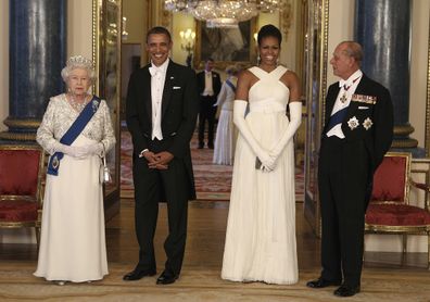 Queen Elizabeth II, U.S. President Barack Obama, first lady Michelle Obama and Prince Philip ahead of a state banquet in Buckingham Palace, London. Buckingham Palace officials say Prince Philip, the husband of Queen Elizabeth II, has died, it was announced on Friday, April 9, 2021. He was 99. Philip spent a month in hospital earlier this year before being released on March 16 to return to Windsor Castle. 