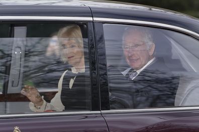 King Charles III and Queen Camilla leave Clarence House in London, Tuesday Feb. 6, 2024 